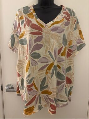 Nicole Miller Cotton Cream Multi V-Neck Floral Beachy Tunic SZ 3X